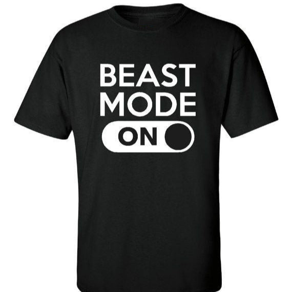 Black t-shirt with white "BEAST MODE ON" text and toggle switch graphic.