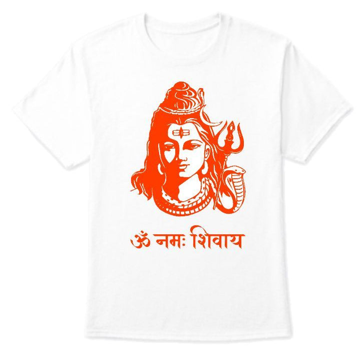 White T-Shirt with an orange graphic portrait of Shiva with a trident and snake, and "ॐ नमः शिवाय" (Om Namah Shivaya) written in orange Devanagari script.