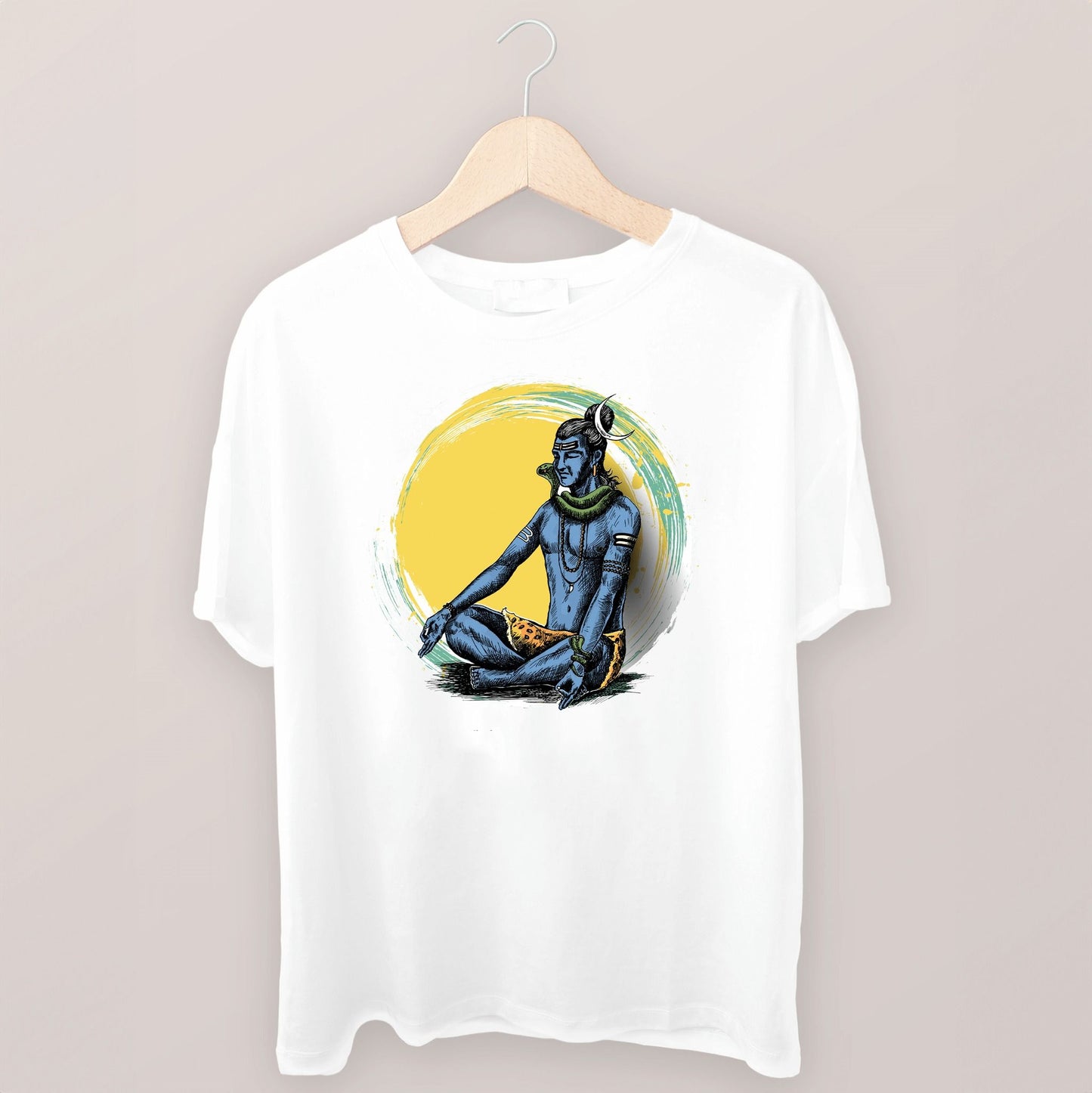 White oversized 100% cotton T-Shirt with a graphic illustration of Lord Shiva meditating against a yellow circle background.