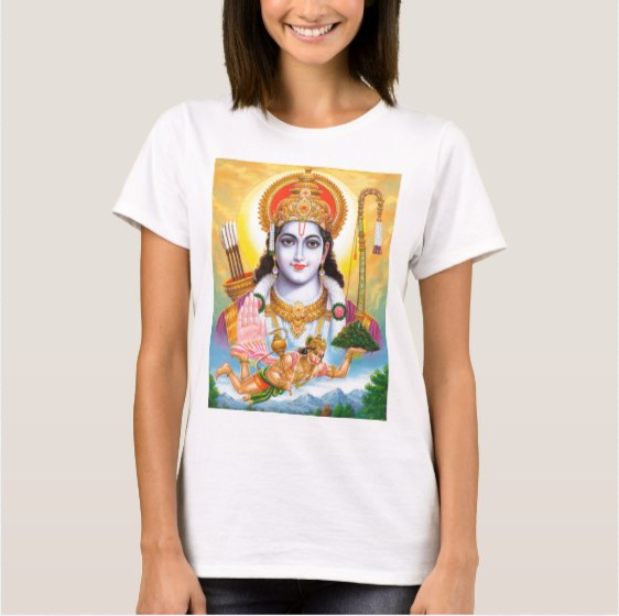 White T-Shirt with a colorful portrait of Shri Ram, with a crown and halo, giving a blessing gesture.