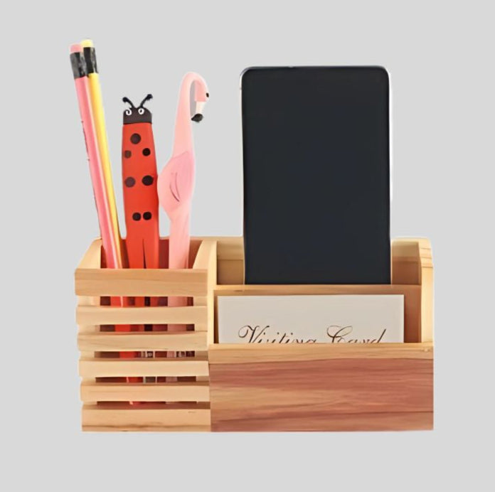 DK –Premium Wooden Pen Stand with Mobile & Visiting Card Holder – Multi-Functional Desk Organizer 1417