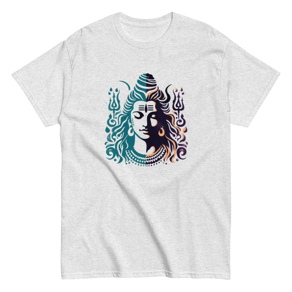 Light grey T-Shirt with a modern graphic illustration of Shiva's face, a crescent moon, tridents, and flowing hair.
