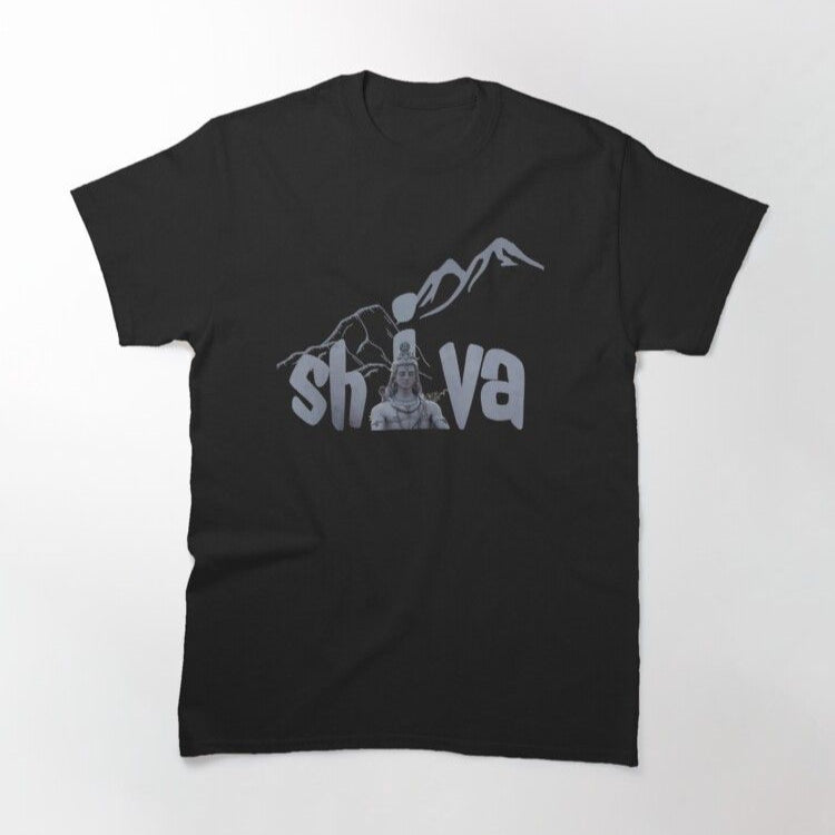 Black T-Shirt with a graphic illustration of mountains and a small image of Shiva, and the word "Shiva" written in a stylized font.