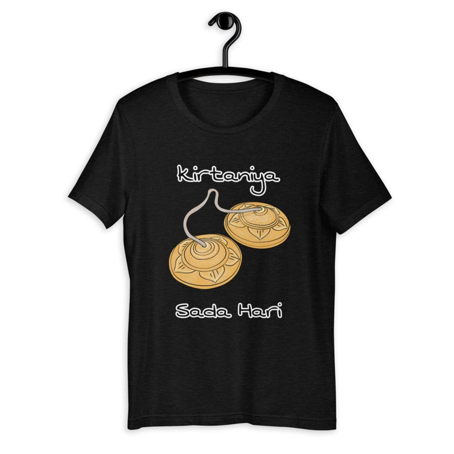 A black t-shirt with "Kirtaniya" and "Sada Hari" alongside an illustration of cymbals, symbolizing devotional music.