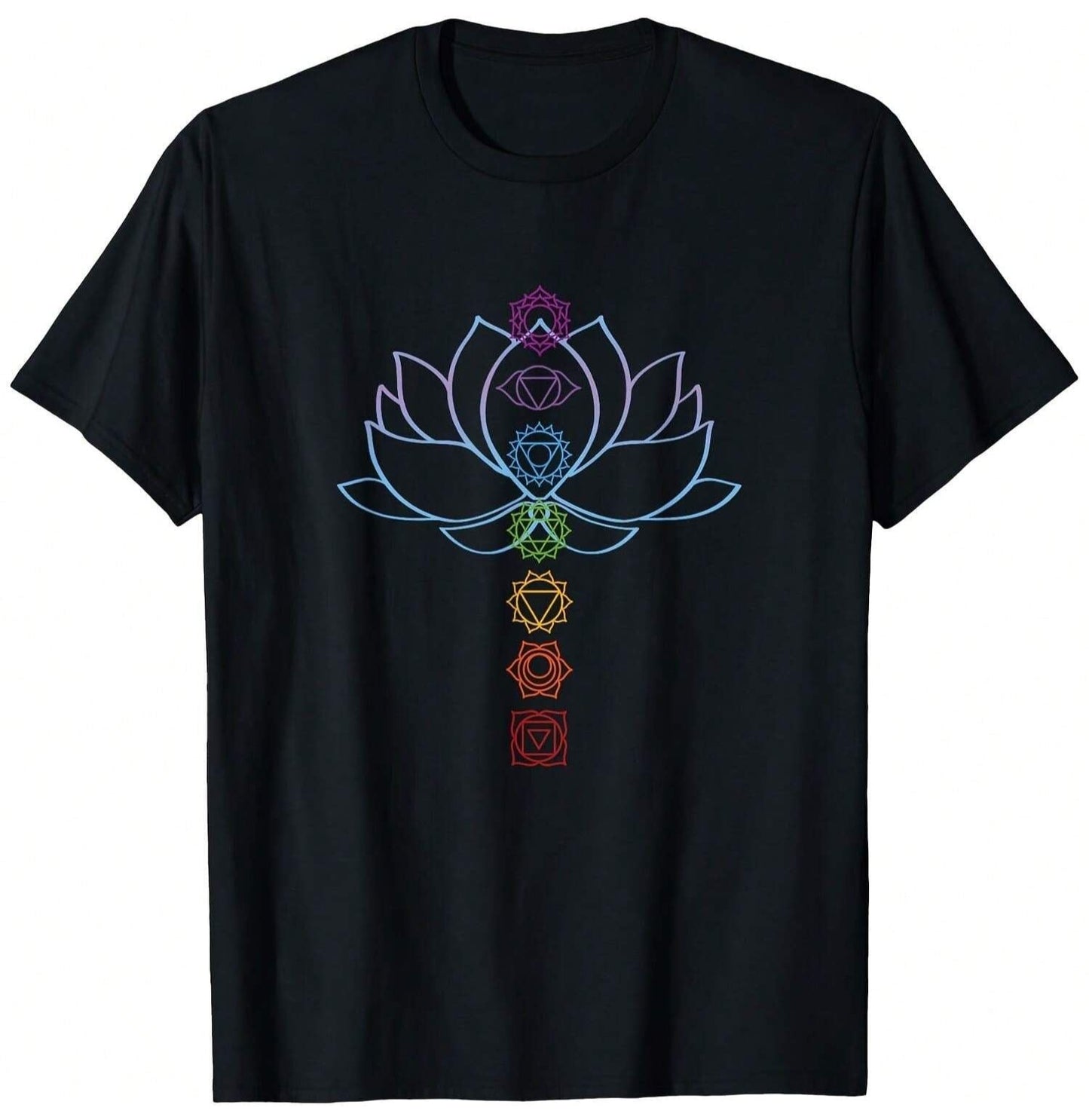 Black T-Shirt with a white outline of a lotus flower and seven colorful chakra symbols arranged vertically, suitable for yoga or meditation.