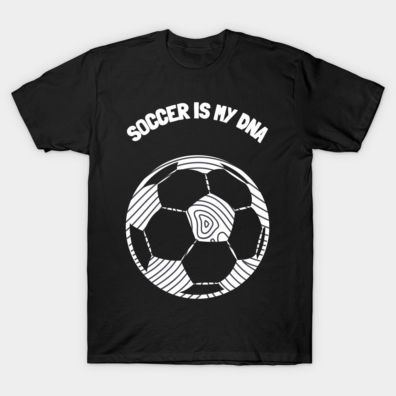 Print of Soccer is in DNA in Black T-Shirt.