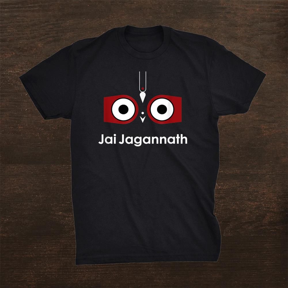 A black t-shirt with Jagannath's eyes and "Jai Jagannath," invoking divine blessings and eternal love