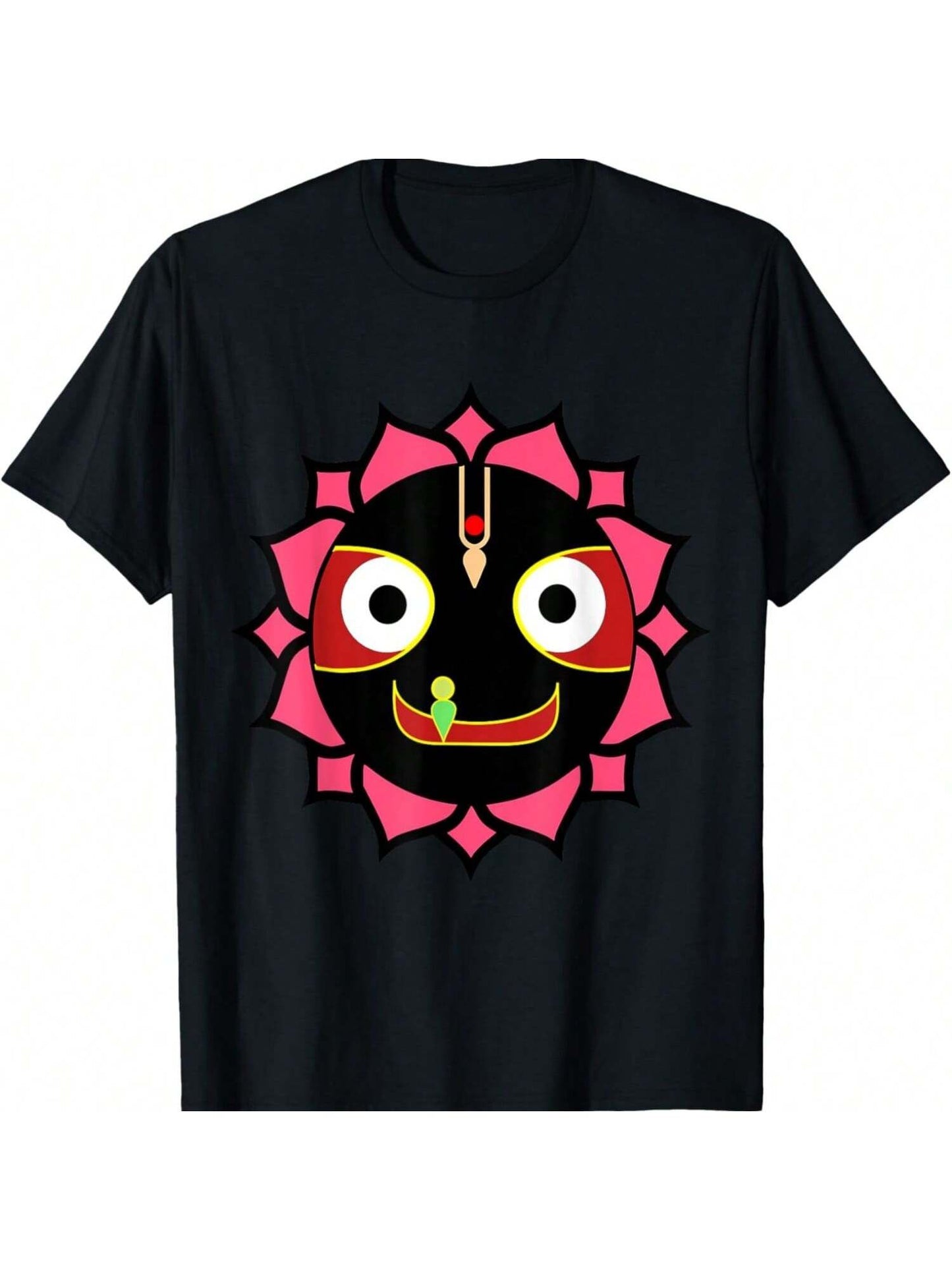 A black t-shirt with Jagannath's smiling face within a lotus design, expressing the blissful gaze of the deity.