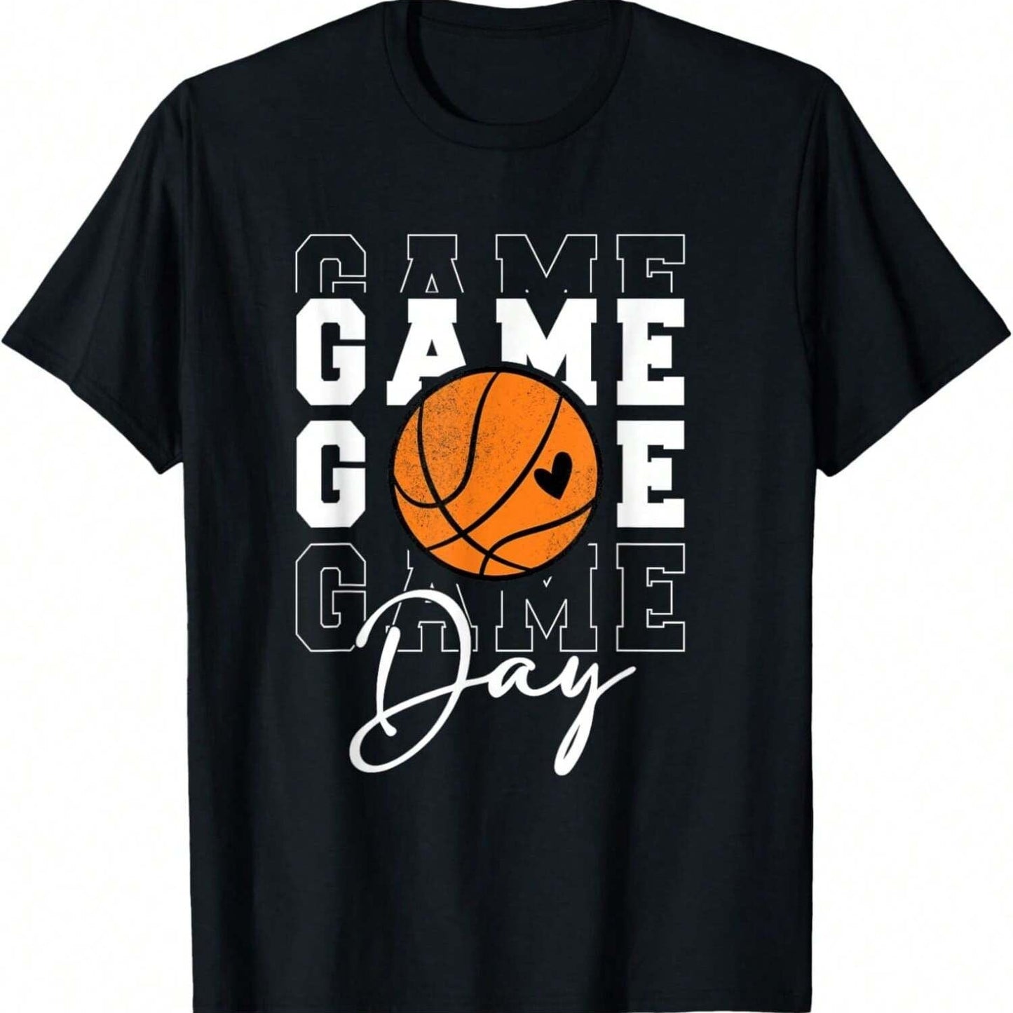 Black t-shirt with "Game Day" text and a basketball with a heart.