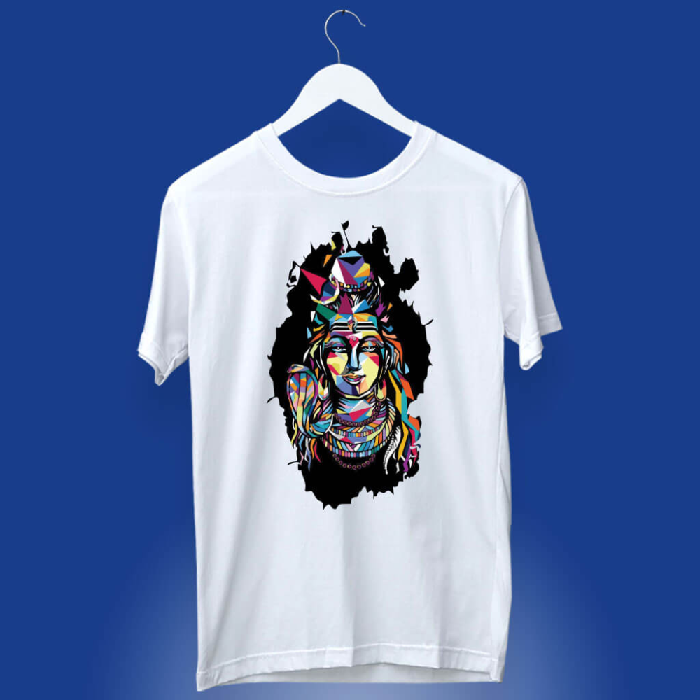White T-Shirt with a colorful geometric graphic illustration of Shiva against a black splattered background.