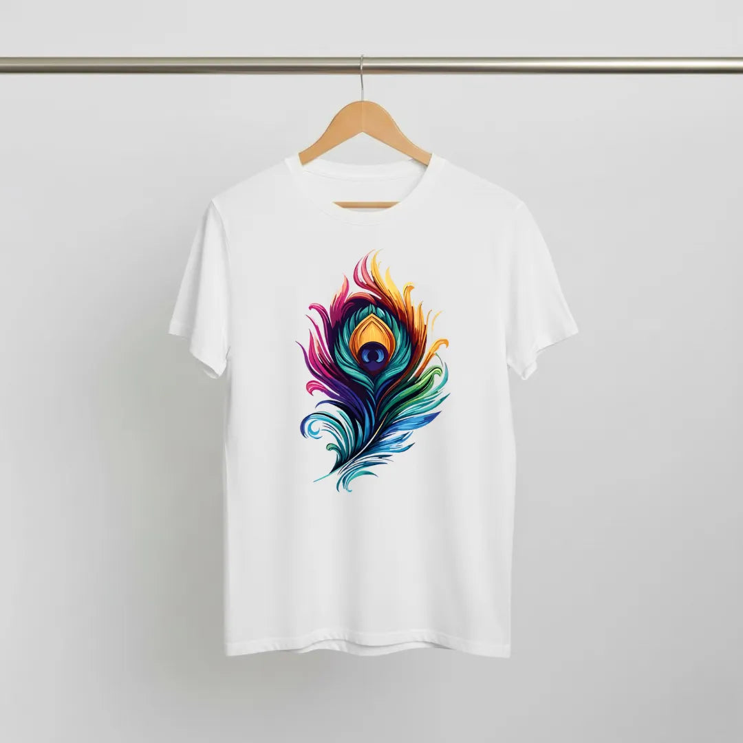 Krishna's Peacock Gaze T-Shirt: Watercolor Art Design