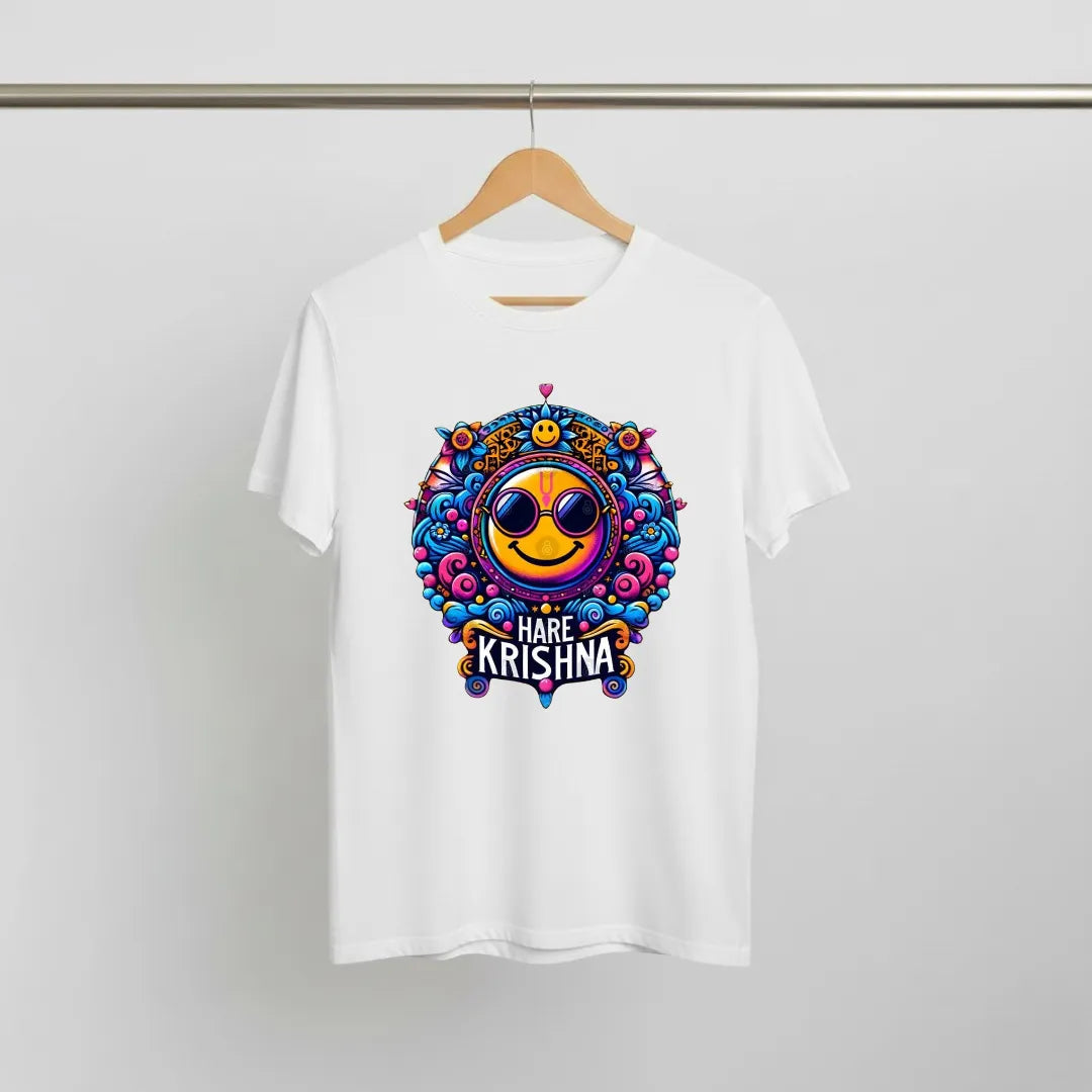 Hare Krsna Smile T-Shirt: Joyful Mantra, Divine Gaze