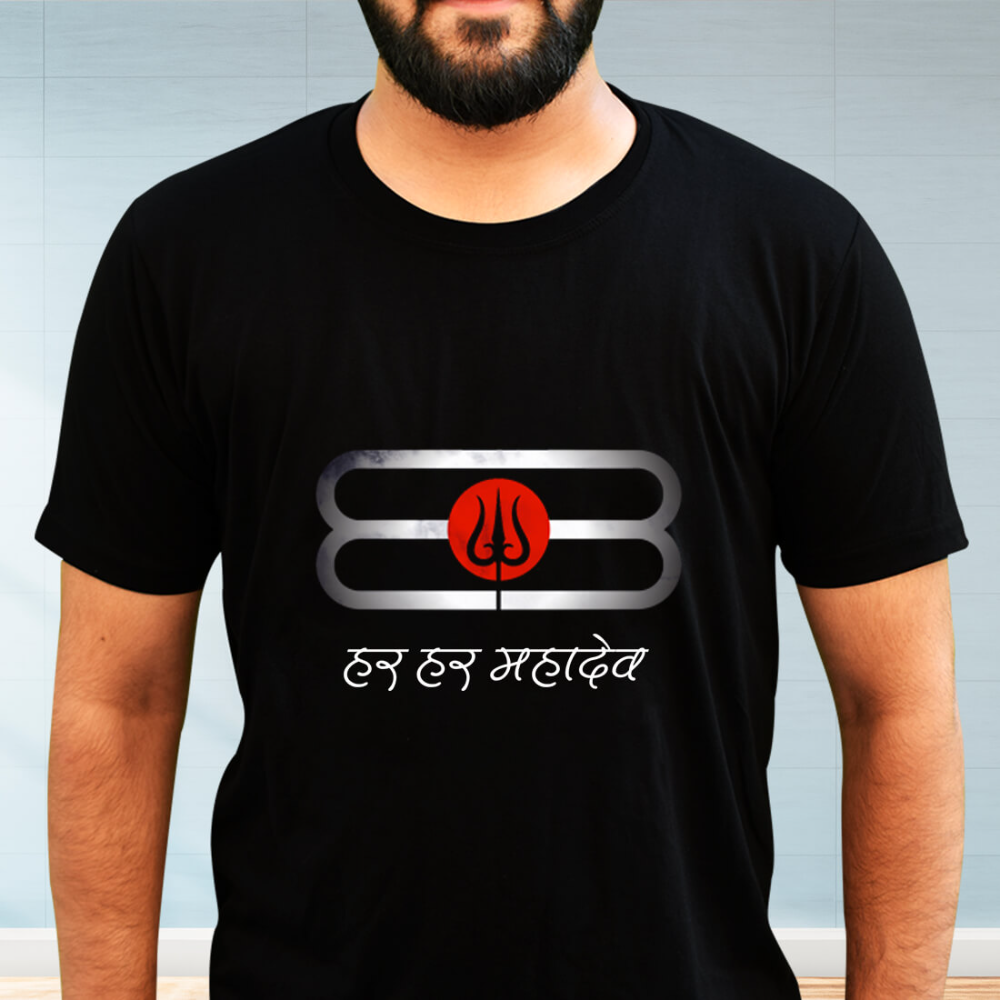Black T-Shirt with a graphic illustration of a Shiva Lingam and trident, and "हर हर महादेव" (Har Har Mahadev) written in Devanagari script.