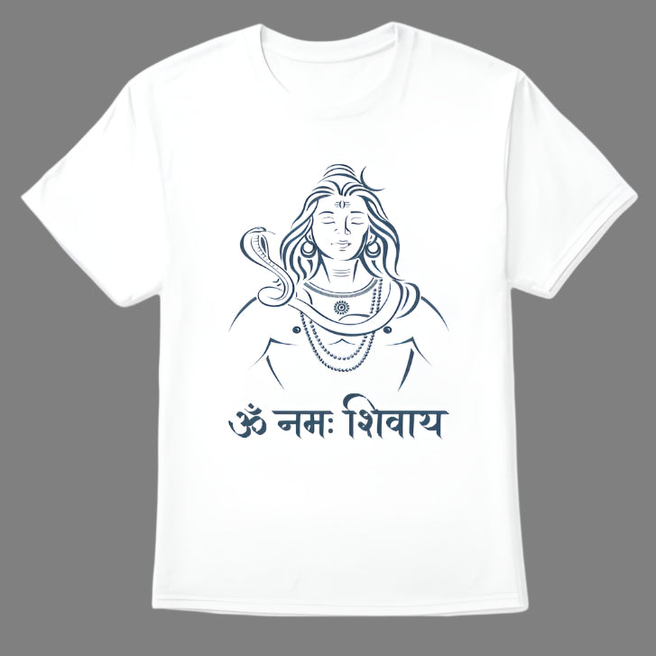 White T-Shirt with a blue line art illustration of Shiva and "ॐ नमः शिवाय" (Om Namah Shivaya) written in Devanagari script.