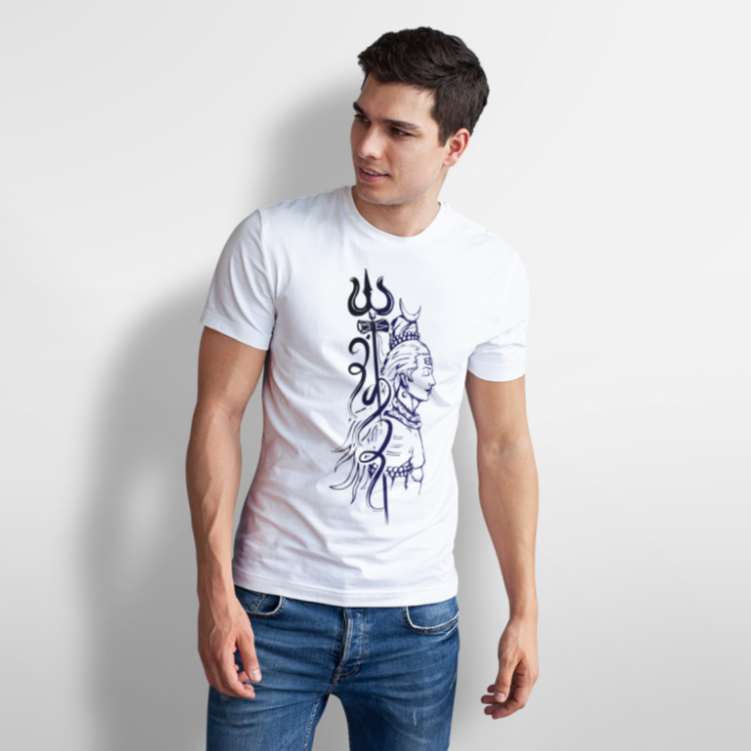 White T-Shirt with a graphic illustration of Shiva, a trident, and stylized script.