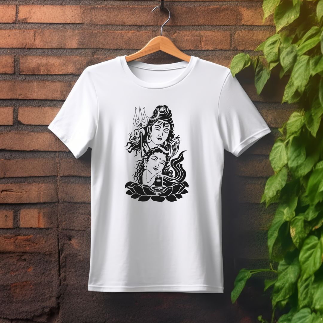 White T-Shirt with a black and white graphic illustration of Shiv and Parvati on a lotus.