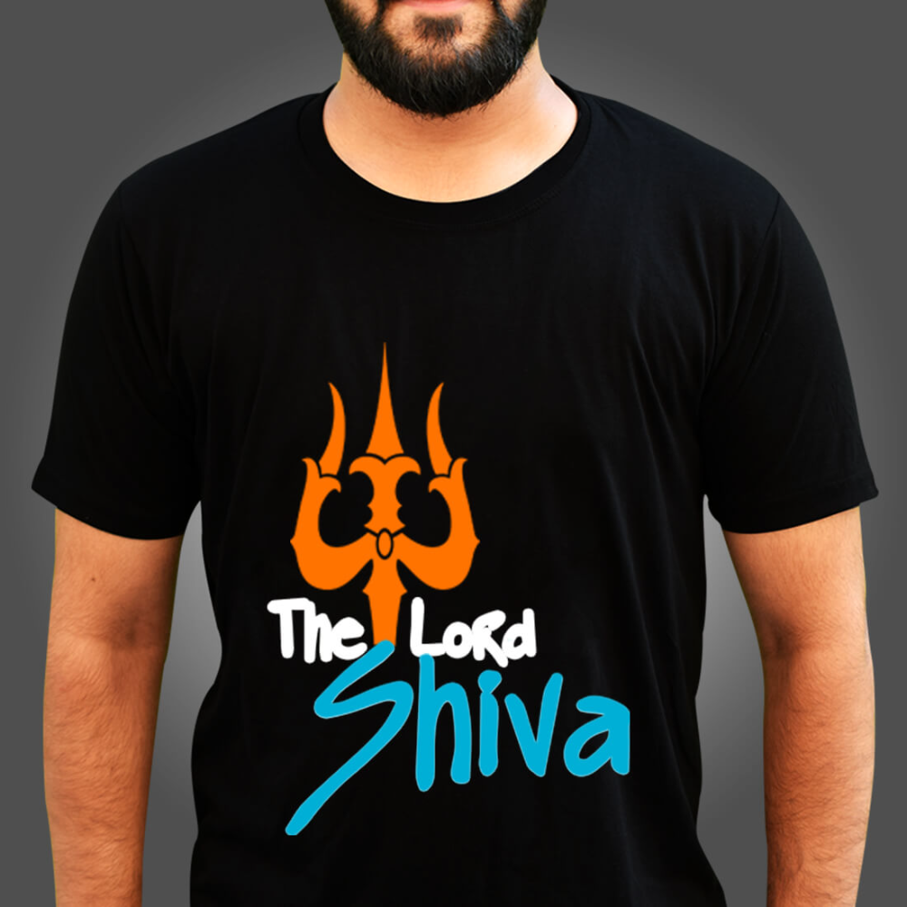 Black T-Shirt with an orange trident graphic and "The Lord Shiva" written in stylized fonts.