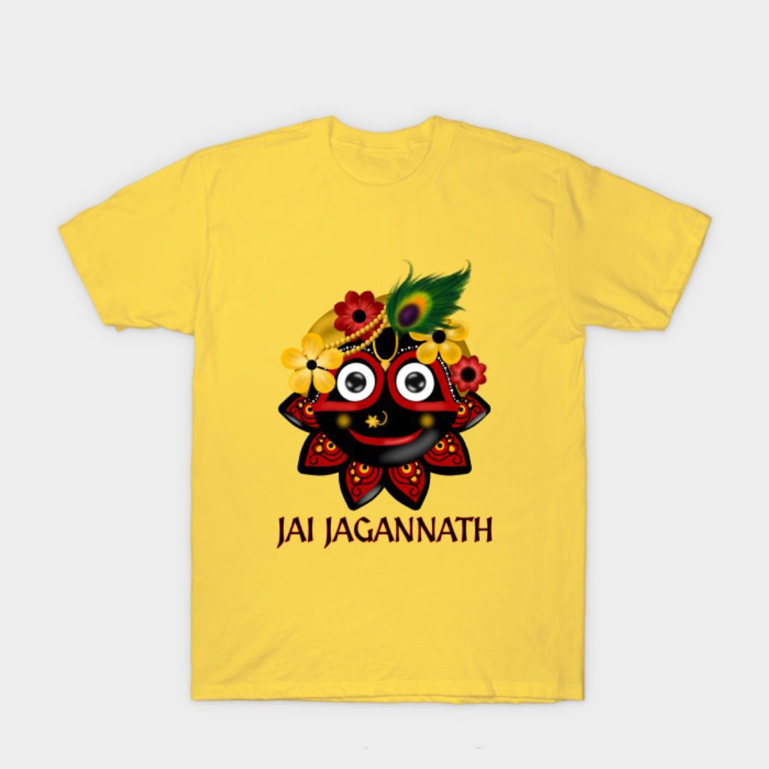A yellow t-shirt with Jagannath's eyes adorned with flowers and "Jai Jagannath," celebrating divine love and beauty.
