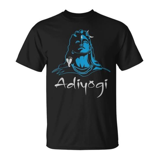Black T-Shirt with a blue graphic image of Shiva and "Adiyogi" written in a stylized silver script.