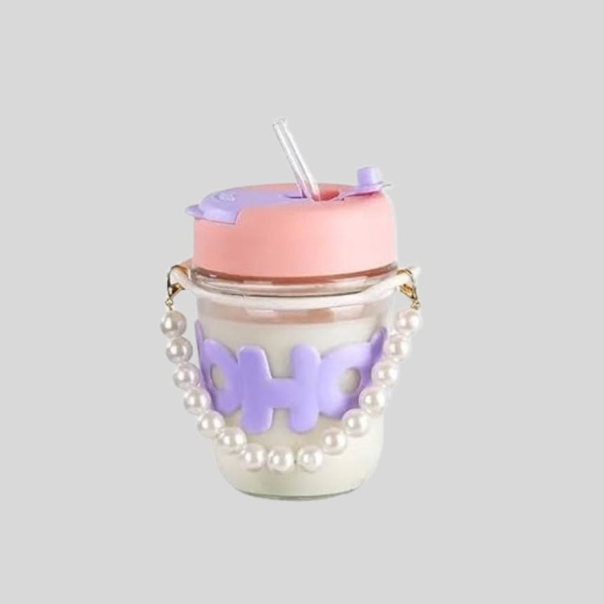DK - Reusable Glass Coffee Mug with Lid & Straw – Stylish Pearl Handle, Hot & Cold Drinks, Eco-Friendly Tumbler