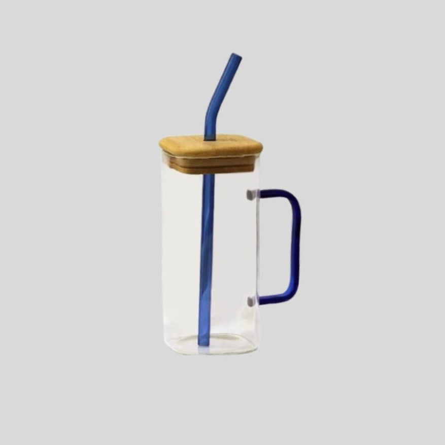 DK - Transparent Square Juice Sipper Tumbler with Wooden Lid & Straw – Premium Glass Mug 966
