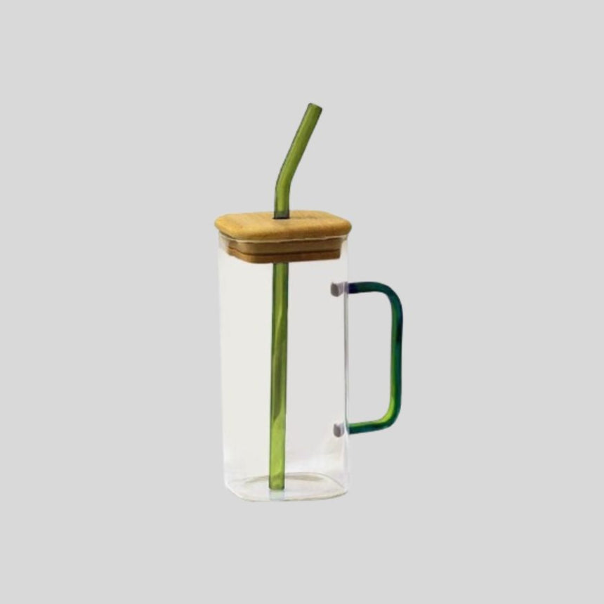 DK - Transparent Square Juice Sipper Tumbler with Wooden Lid & Straw – Premium Glass Mug 966