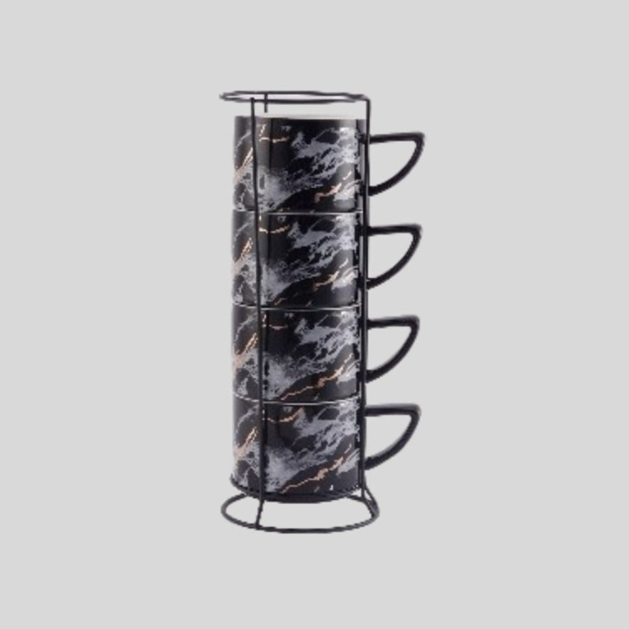 DK - Premium Marble Finish Ceramic Stackable Coffee Mug Set with Metal Stand – 4 Pieces, Black & White