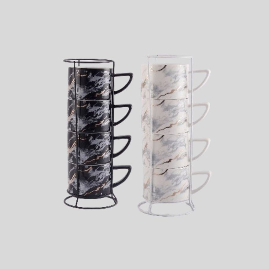 DK - Premium Marble Finish Ceramic Stackable Coffee Mug Set with Metal Stand – 4 Pieces, Black & White