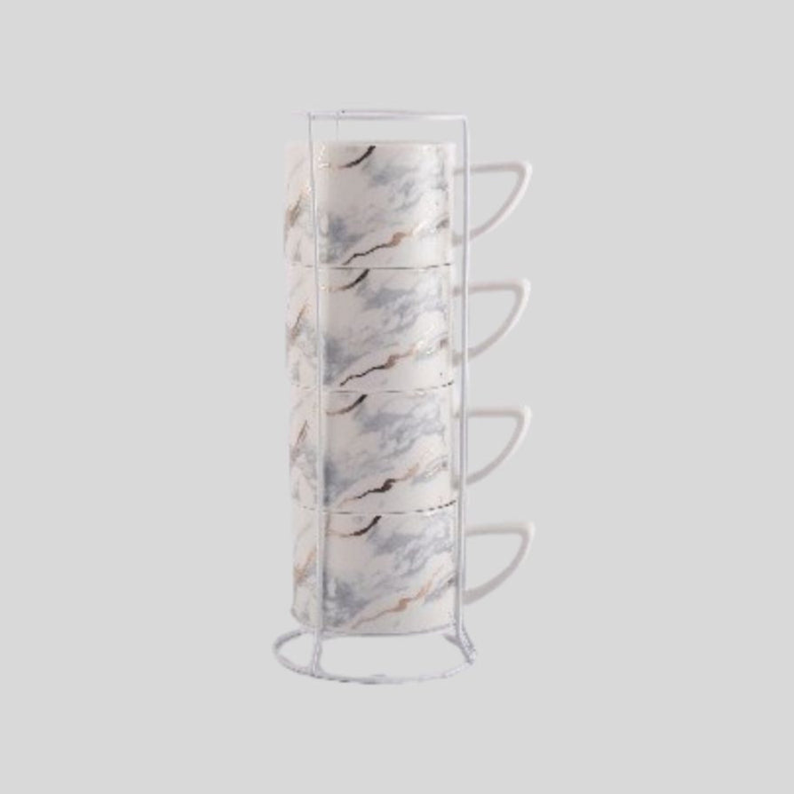 DK - Premium Marble Finish Ceramic Stackable Coffee Mug Set with Metal Stand – 4 Pieces, Black & White