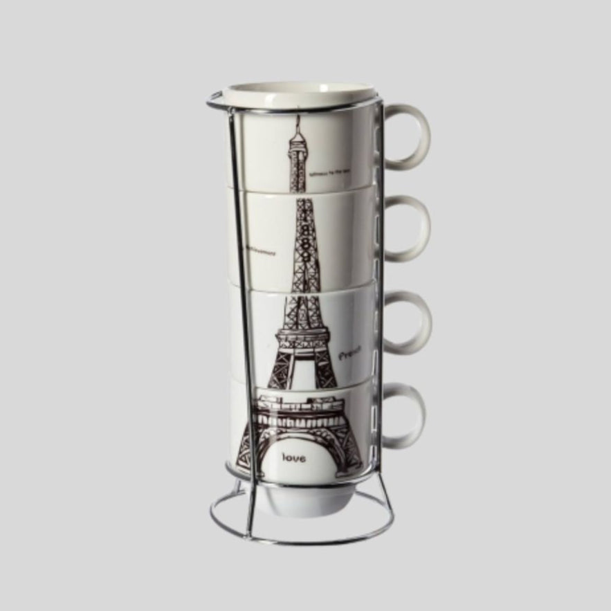 DK - Ceramic Stackable Coffee Mug Set with Eiffel Tower & Leaning Tower Designs – 4 Piece Cups with Stand