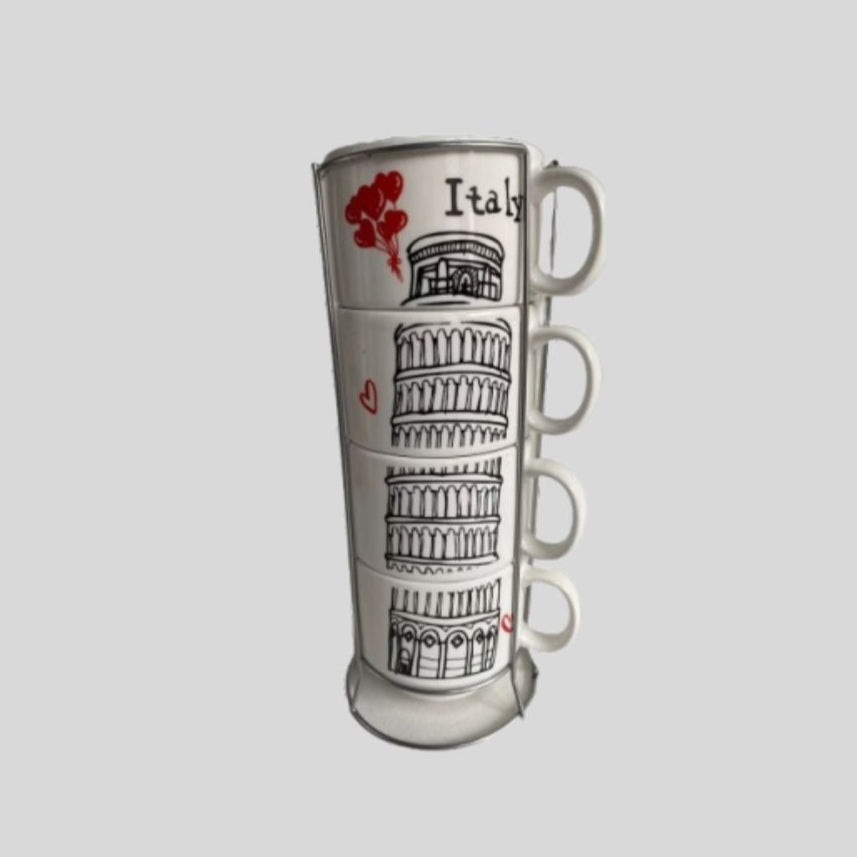 DK - Ceramic Stackable Coffee Mug Set with Eiffel Tower & Leaning Tower Designs – 4 Piece Cups with Stand