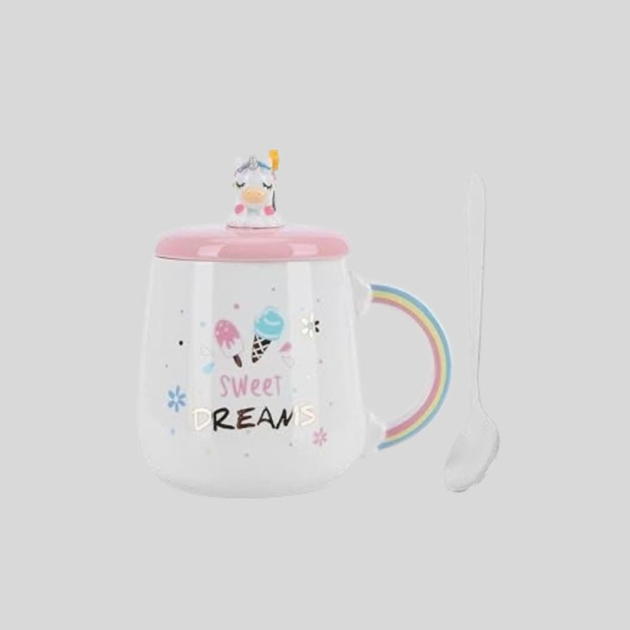 DK - Unicorn Ceramic Mug with Lid & Spoon | Sweet Dreams Design | Cute Gift for Coffee, Tea & Milk 982