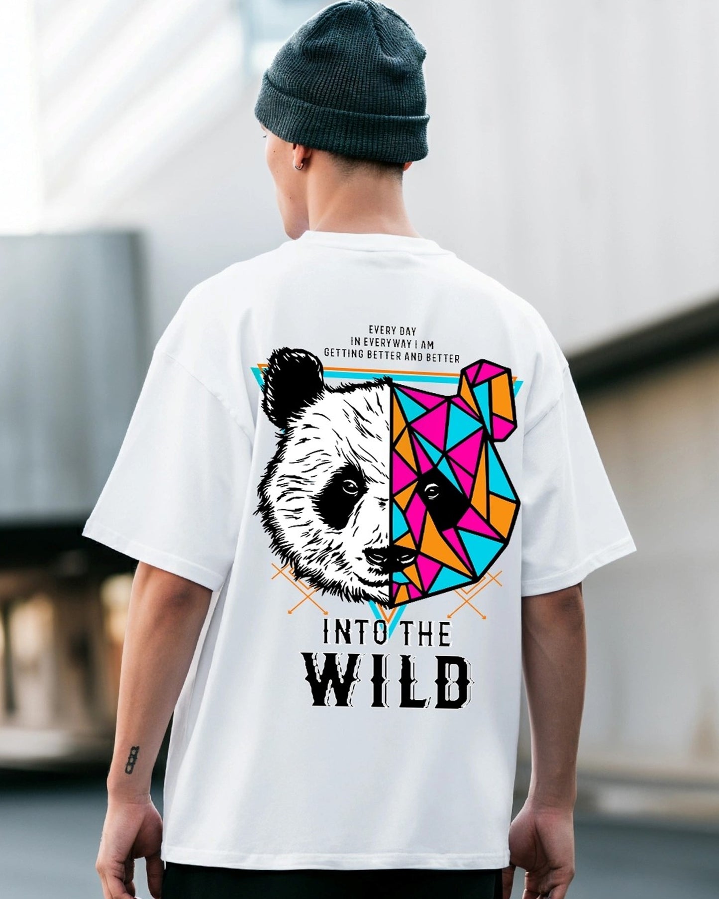 Back Side Of Panda Bear Abstract Printed as Into The Wild White Oversized T-Shirt