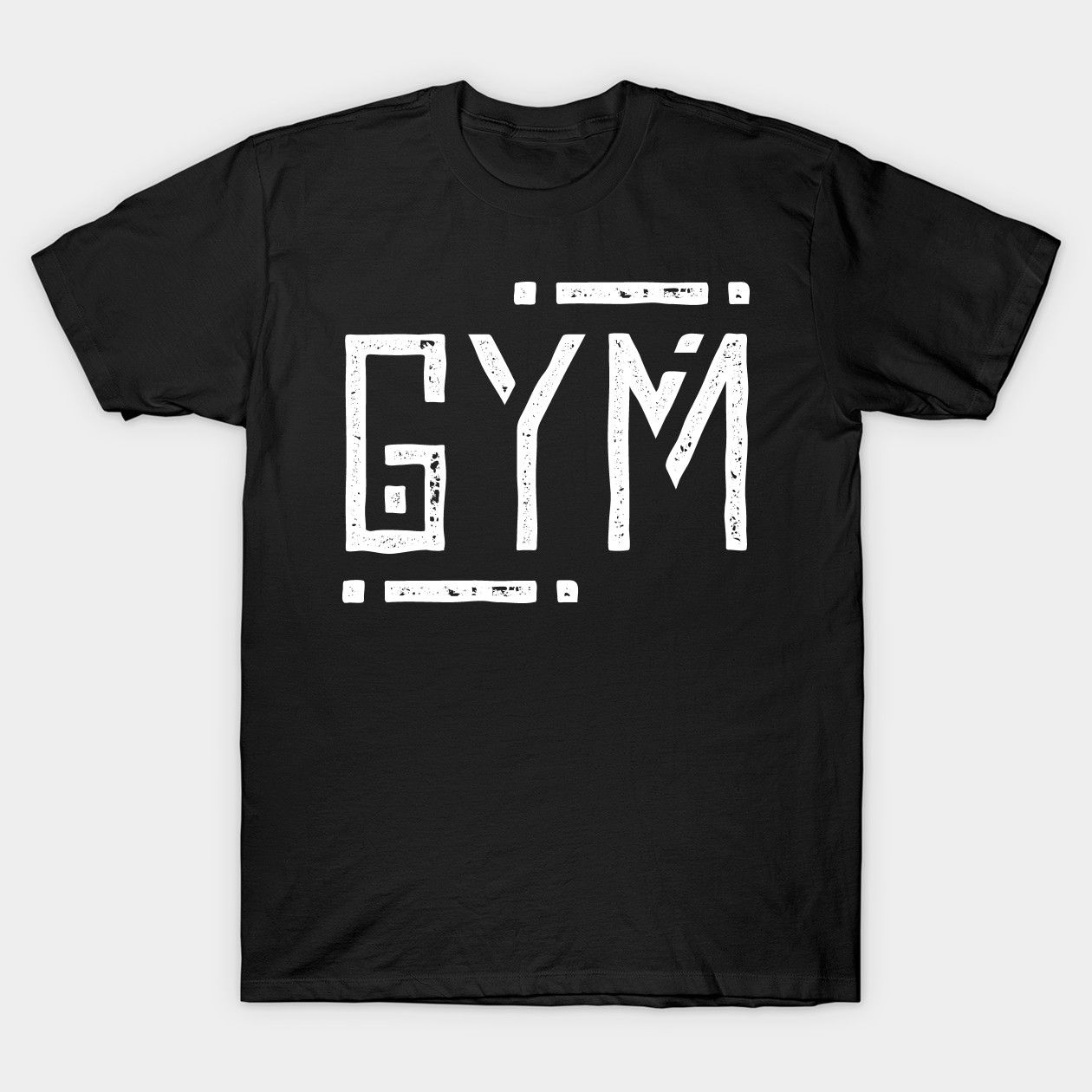 Black t-shirt with bold, distressed "GYM" text in white.