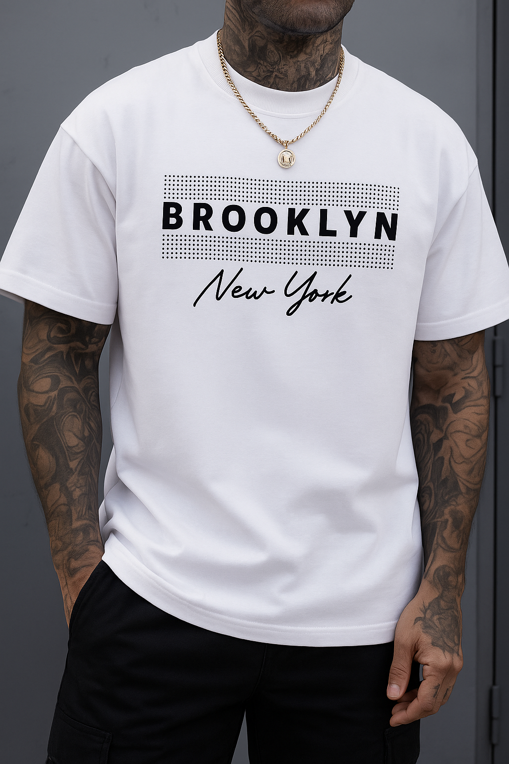 Brooklyn New York Graphic Oversize T-Shirt with Grid Detail