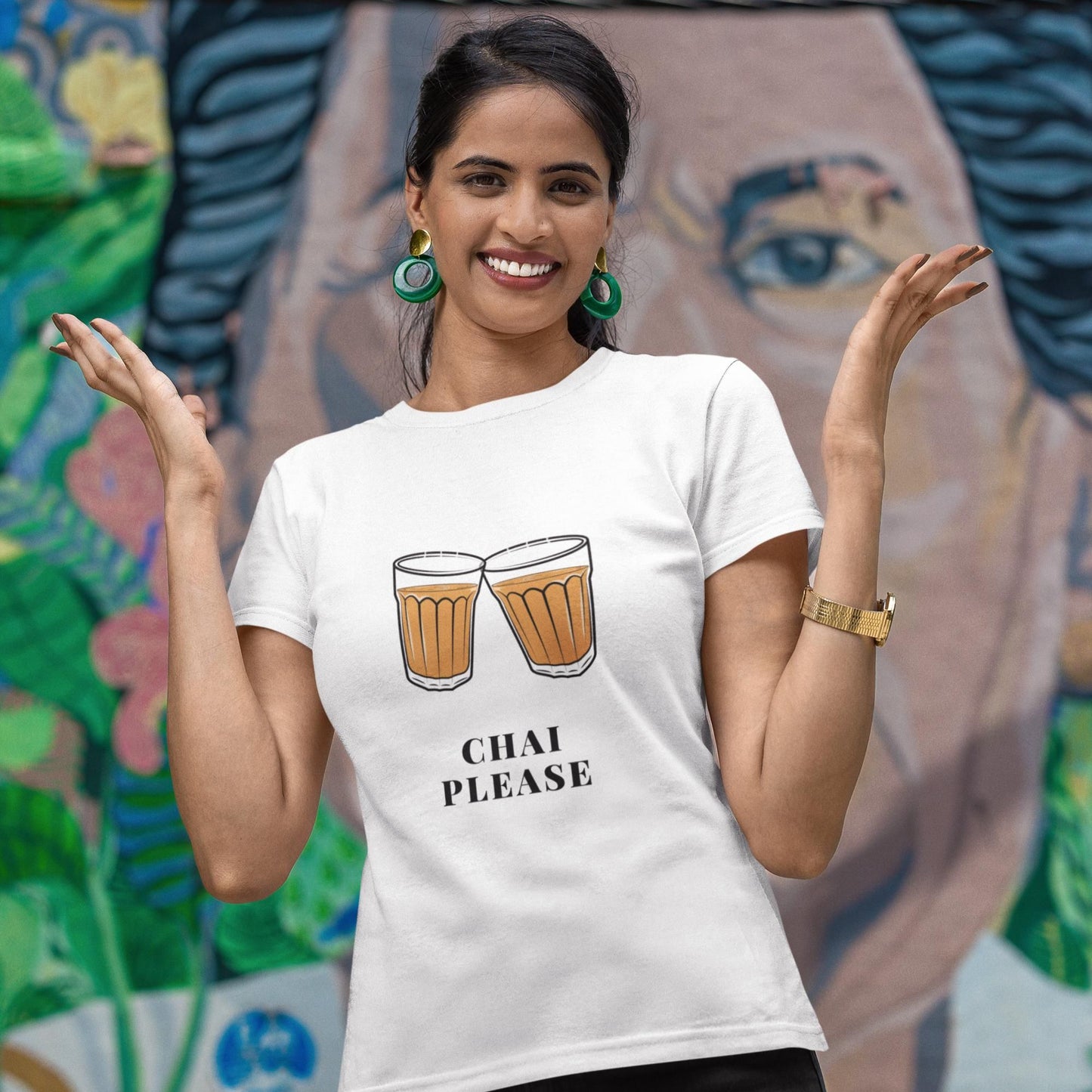 White t-shirt with two glasses of chai toasting and "Chai Please" text. A cheerful design for chai enthusiasts.