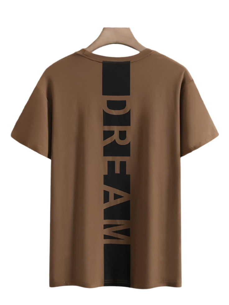 Brown oversize t-shirt with a vertical black stripe down the back, featuring the word "Dream" within the stripe.