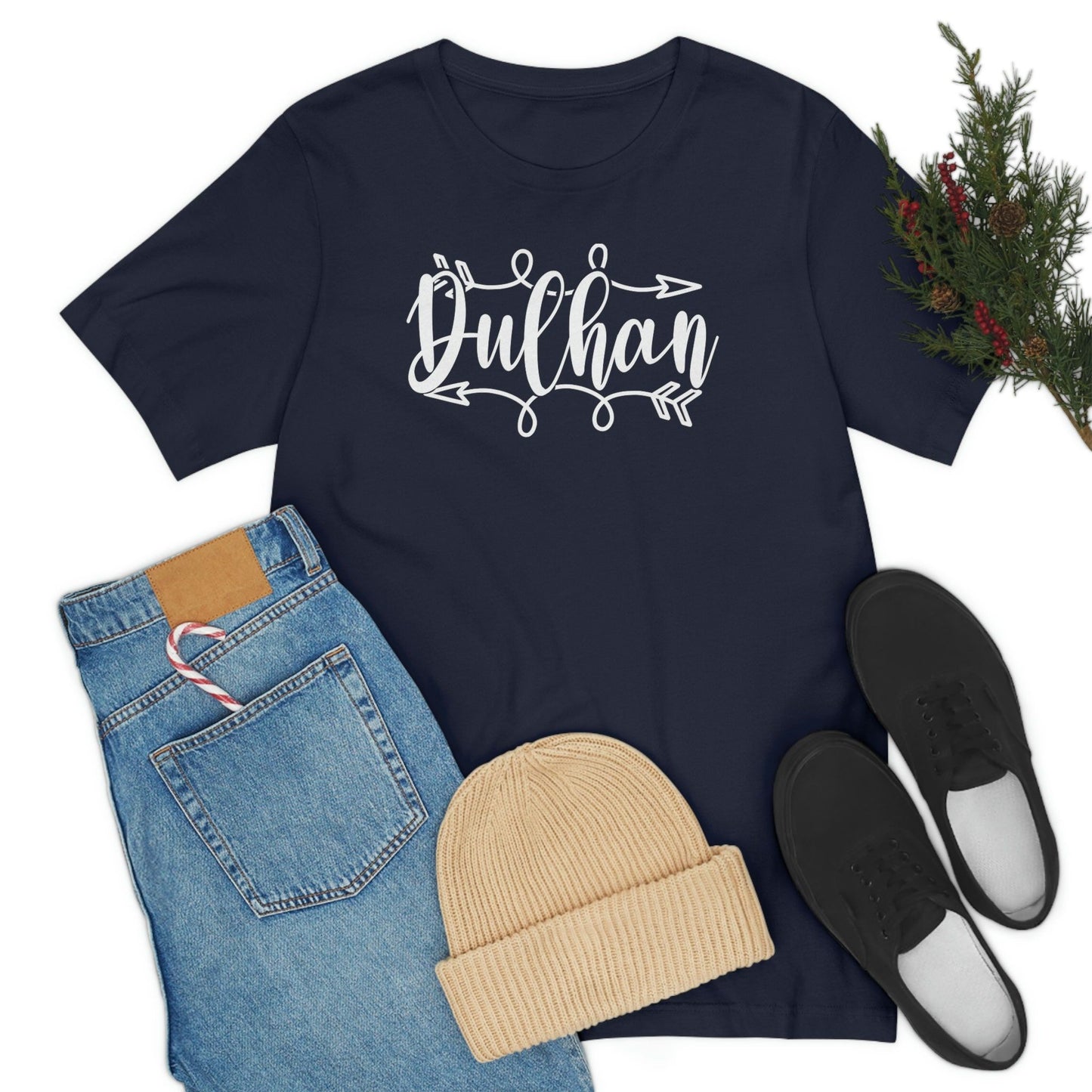 Dark blue cotton t-shirt with the word "Dulhan" in a decorative white script font, suggesting it's for a bride in an Indian wedding context.