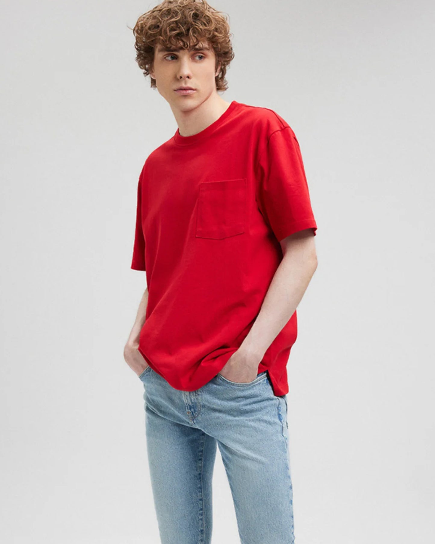Front Full View of Plain With Pocket Red Oversize T-Shirt