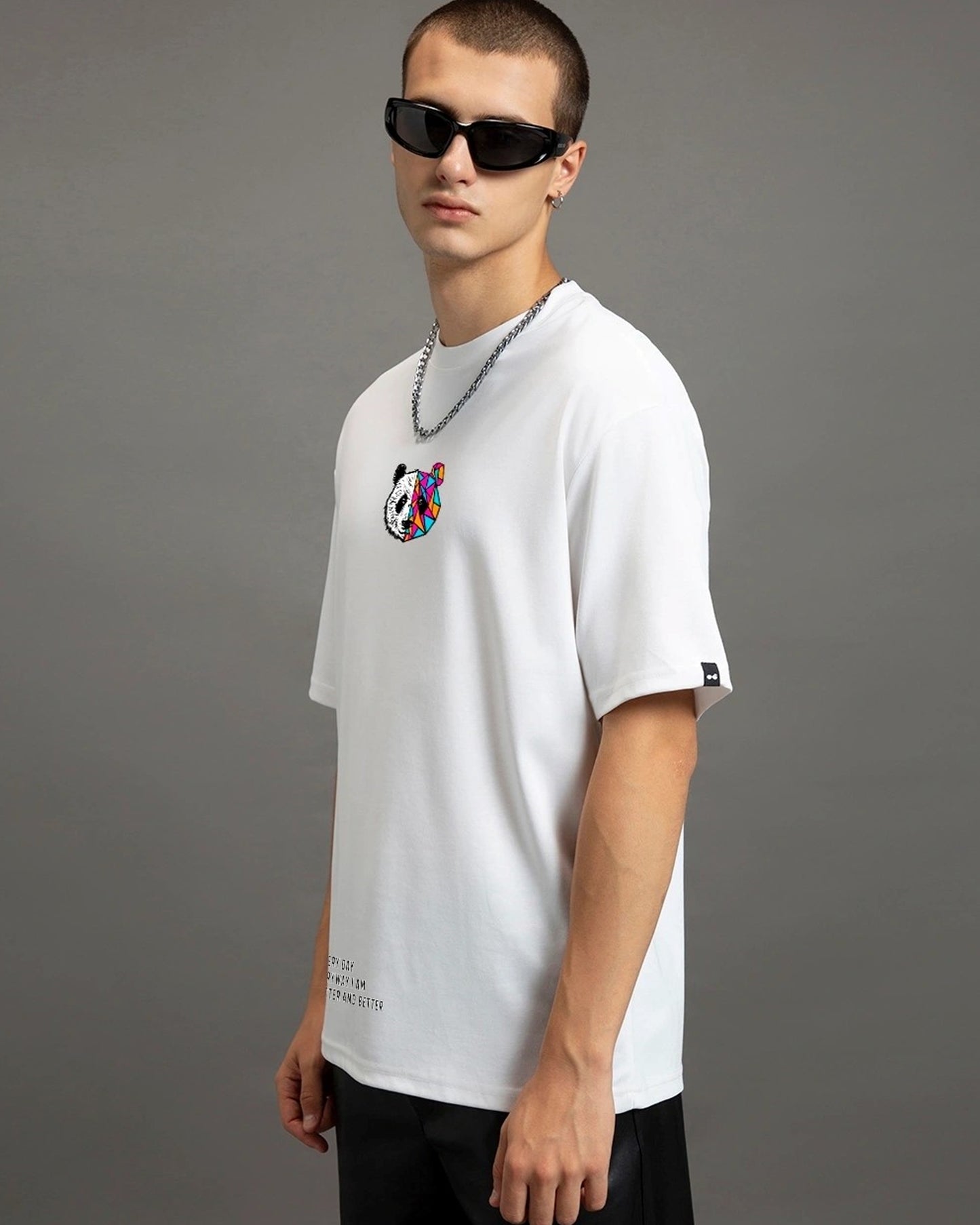 Front Side Close View Of Panda Bear Abstract Printed as Into The Wild White Oversized T-Shirt