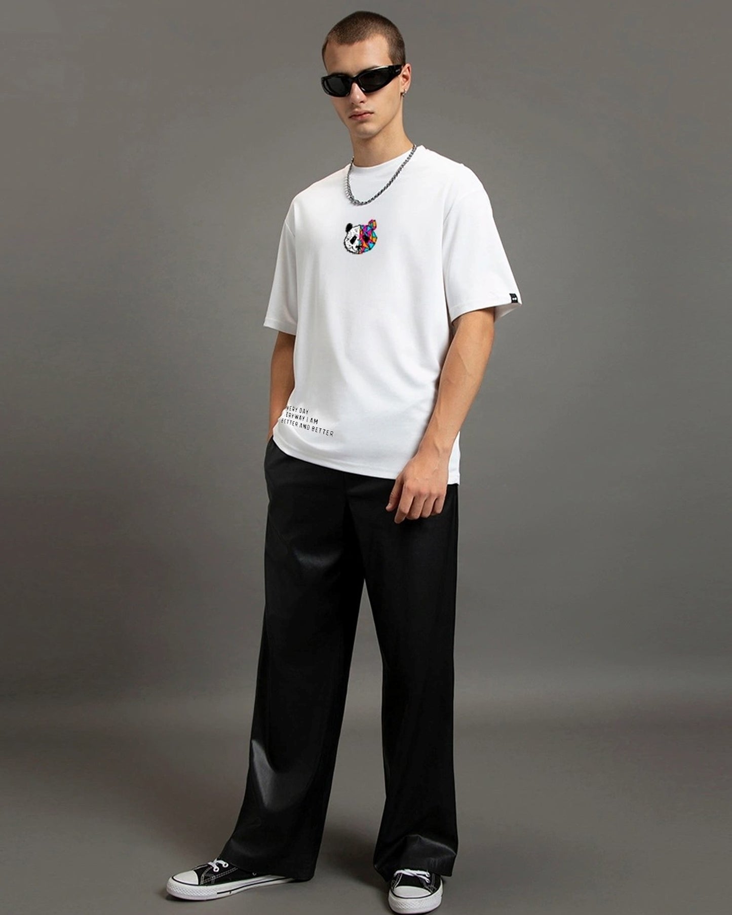 Front Side Of Panda Bear Abstract Printed as Into The Wild White Oversized T-Shirt