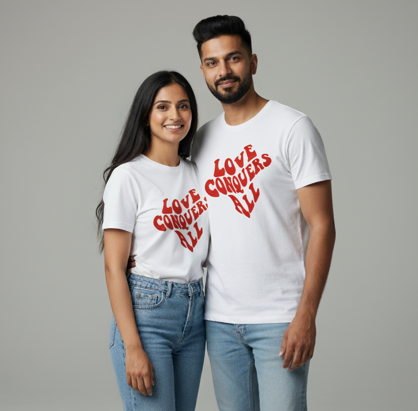 "LOVE CONQUERS ALL" matching couple T-shirts