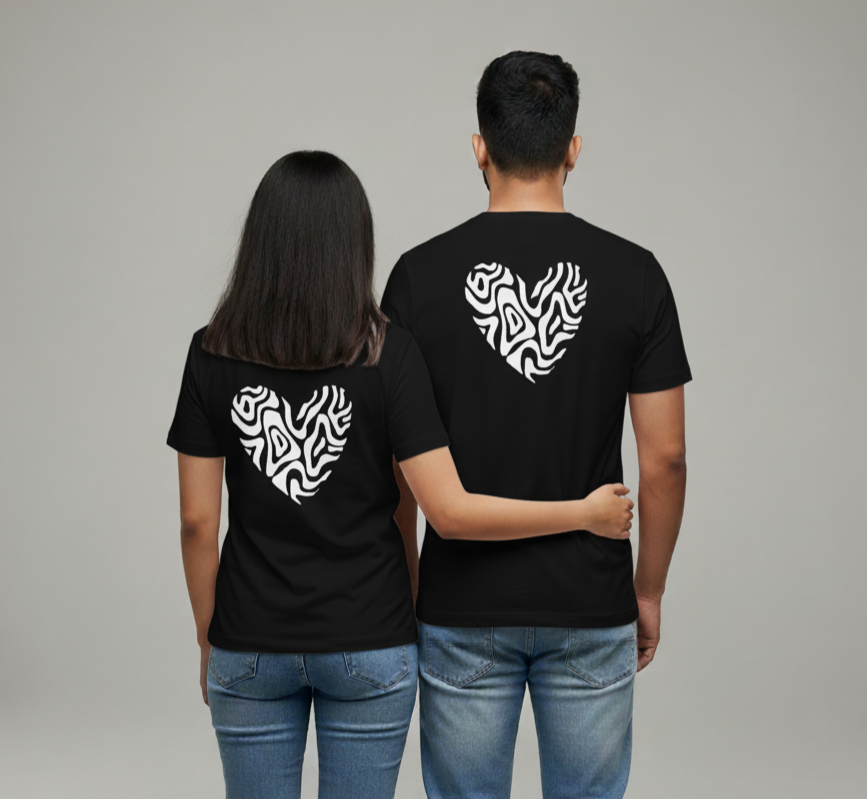 Abstract Zebra Print Heart Matching Couple T-Shirts