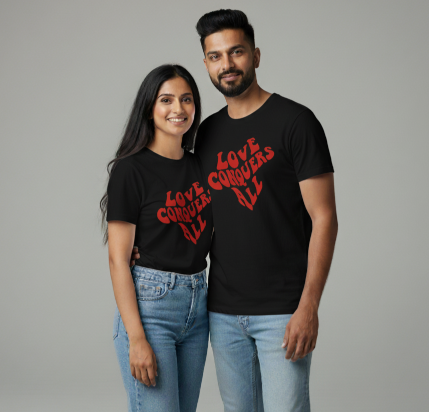 "LOVE CONQUERS ALL" matching couple T-shirts