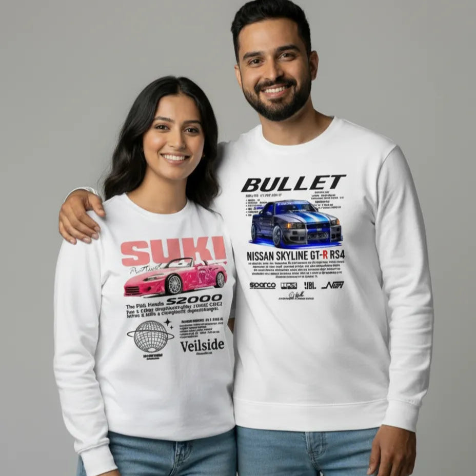 JDM Car Couple Sweatshirts | Suki Pink S2000 & Bullet R34 Skyline Matching Sweaters