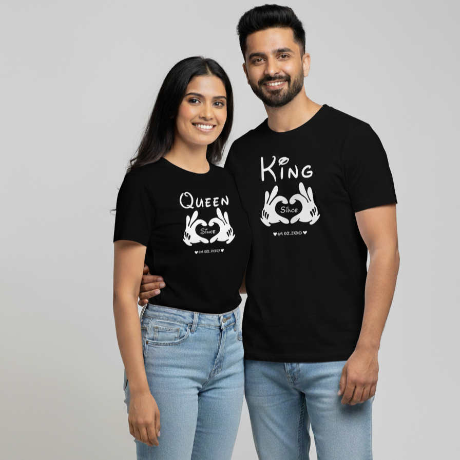 King & Queen matching couple T-shirts with custom "Since" date.
