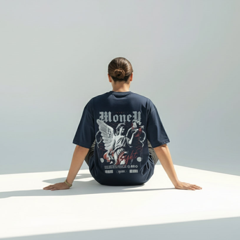 Black Oversized Graphic T-Shirt with Renaissance Inspired Print