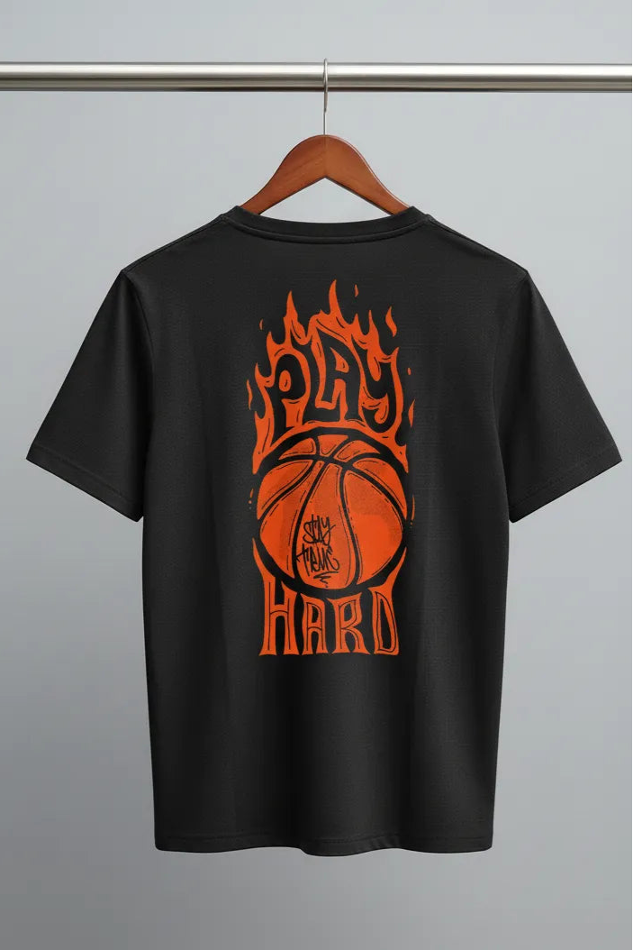 DivviK "Play Hard" Flaming Basketball Graphic T-Shirt | Sports Motivation Tee