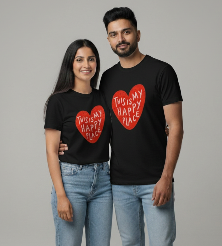 "THIS IS MY HAPPY PLACE" matching couple T-shirts