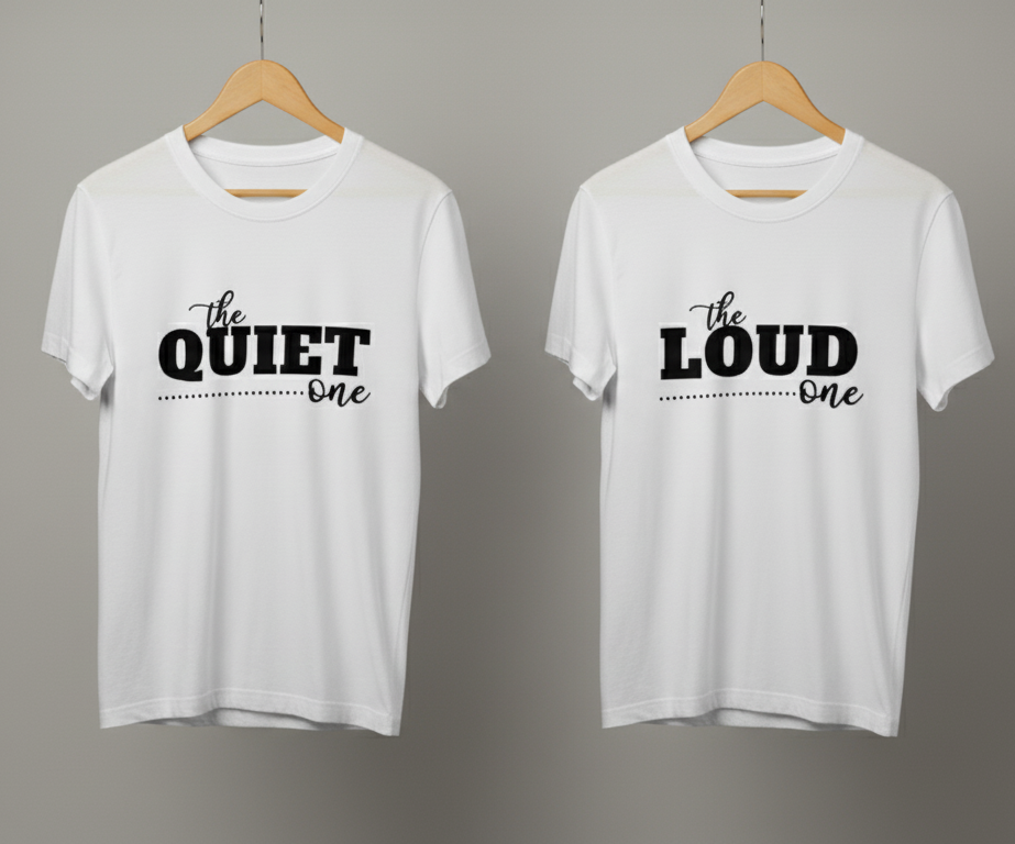 "THE QUIET ONE / THE LOUD ONE" matching couple T-shirts